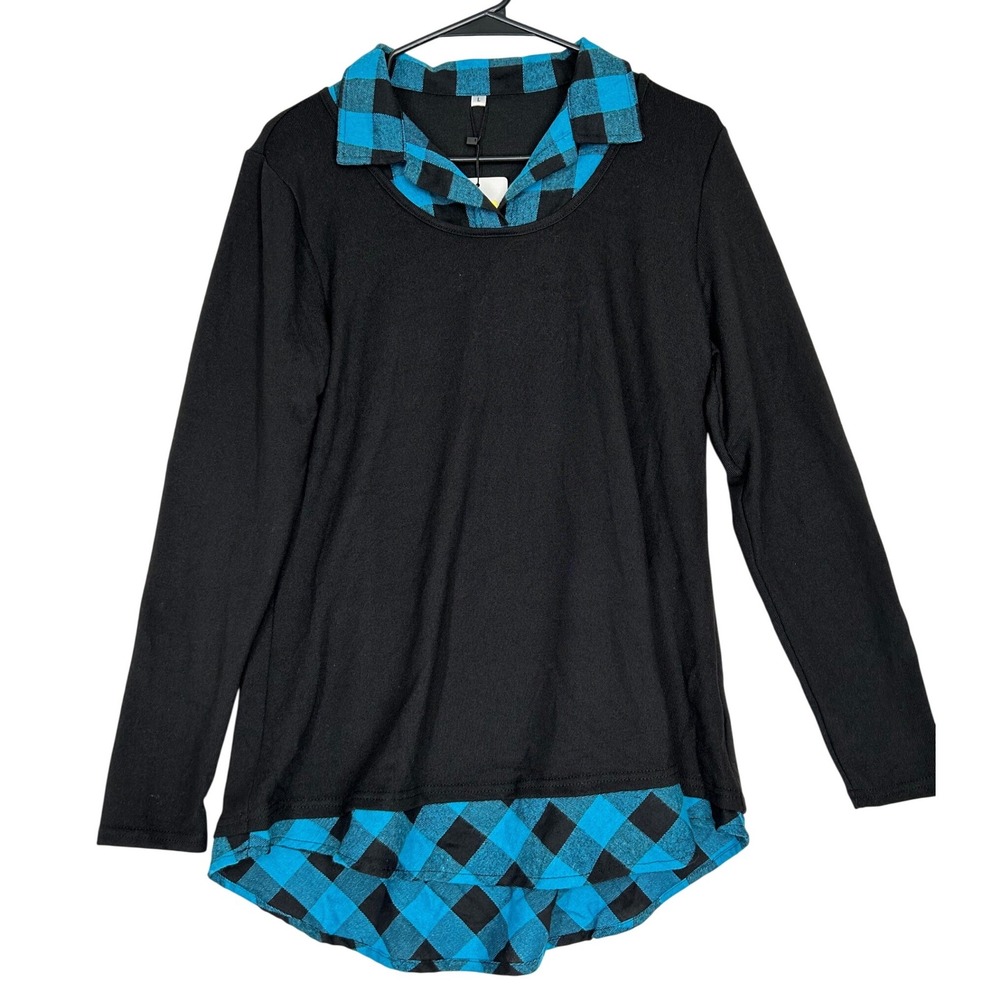 Kohl's Black and Blue/Black Plaid Faux Double Layer Blouse Womens Size Large NWT
